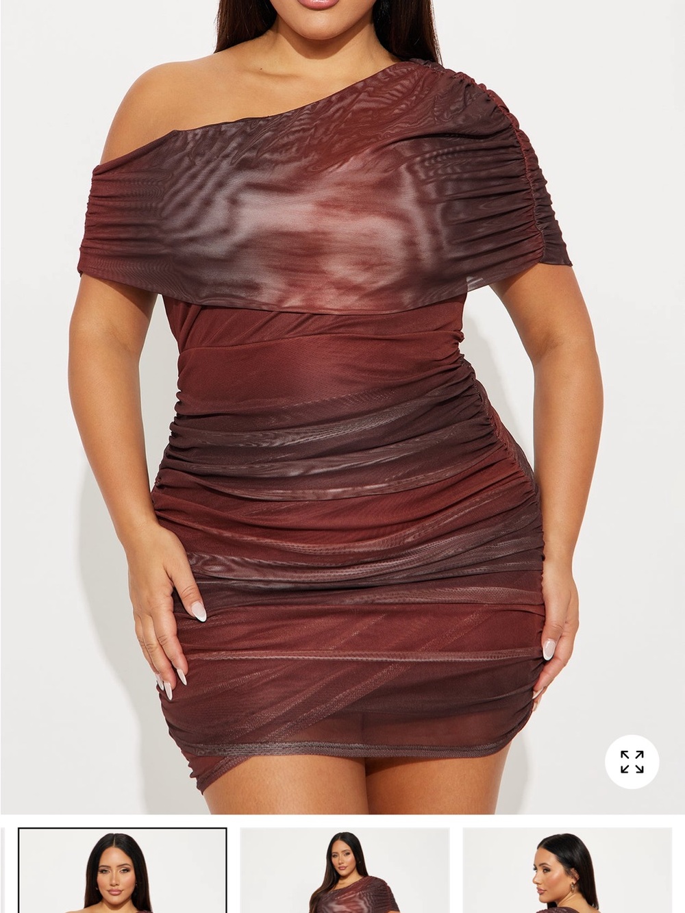 Fashion Nova One-Shoulder Ruched Mini Dress in Burgundy